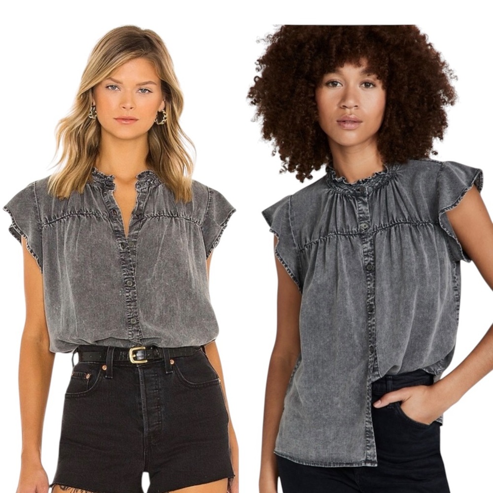 RAILS XS Ruthie Top Black Acid Wash Ruffle Flutter Sleeve Edgy Romance Boho Chic